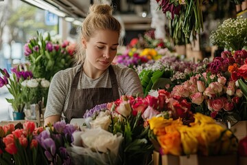 Wall Mural - A woman is making flowers in her flower shop, holding the bouquet and wrapping it in paper, while wearing an apron and looking at something to the side