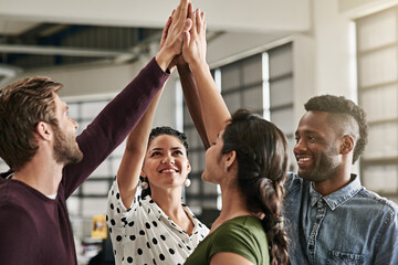 Aufkleber - Hands together, unity and business people in office with solidarity, collaboration or teamwork. Happy, confident and group of creative writers with connection for partnership, winning or celebration.