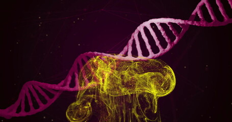 Canvas Print - Image of yellow shapes moving over dna strand