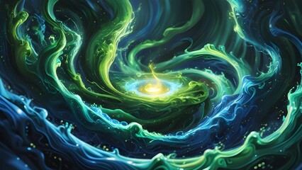 Wall Mural - Vibrant Cosmic Vortex: A mesmerizing display of swirling, bioluminescent energy, showcasing a dynamic interplay of turquoise and emerald hues, creating an illusion of depth and movement. 