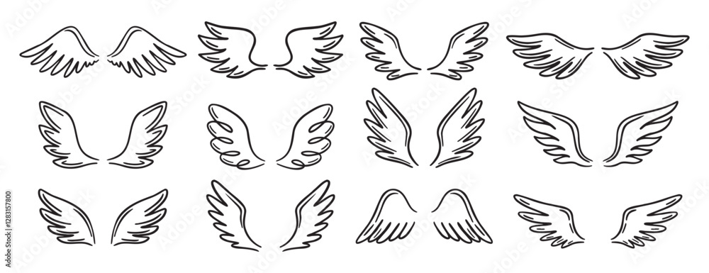 Angel wing doodle hand drawn icon set. Outline drawing angel wings line ...