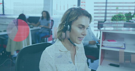Wall Mural - image of financial data processing over caucasian businesswoman using phone headset in office