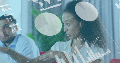 Wall Mural - image of data processing and diagrams over diverse colleagues talking in office