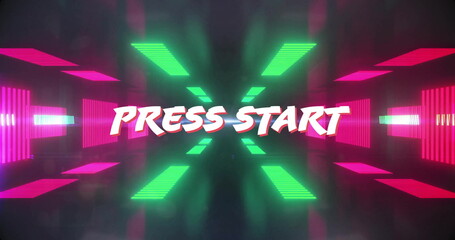 Wall Mural - image of press start text over colourful neon shapes