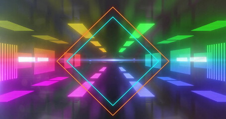 Wall Mural - image of neon squares over colourful neon shapes