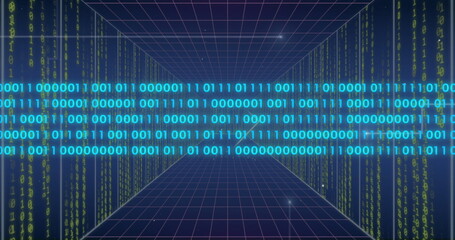 Wall Mural - image of data processing over light trails on blue background