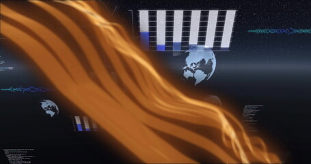 Wall Mural - flowing orange waves over digital data and earth image