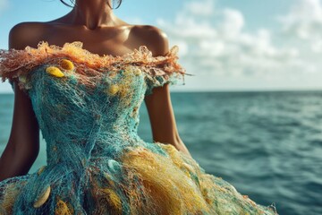 Wall Mural - a woman stands by the ocean wearing a colorful dress