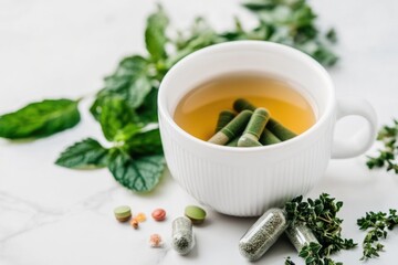 Wall Mural - A cup of green tea and some pills sit on a table, awaiting use