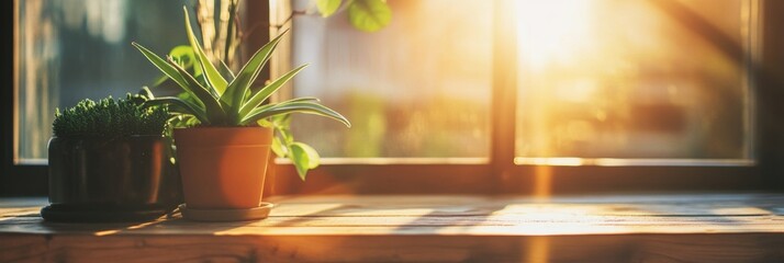 Aufkleber - Sunlight streams through a window illuminating potted plants on a wooden table in a cozy indoor setting. Generative AI
