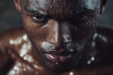 Poster - Close-up photo of a person with water droplets on their face, possibly after swimming or showering