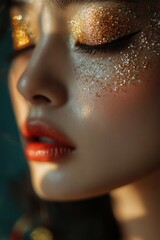 Wall Mural - Close-up of a woman wearing sparkly face makeup, suitable for beauty or party themes