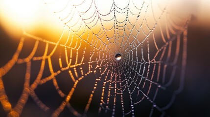 A close-up shot of a spider web covered in tiny water droplets, highlighting the intricate details and natural beauty