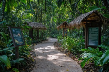 Wall Mural - A scenic path in a dense tropical forest with a clear directional sign, ideal for travel or adventure themed projects