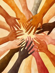 Aufkleber - Unity and support through interconnected hands representing diverse skin tones in a harmonious display of togetherness. Generative AI