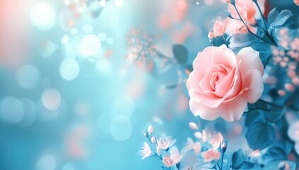 Poster - Beautiful pink rose on a pastel blue background with blurred flowers