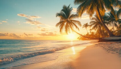 Poster - Beautiful sunset on the tropical beach with palm trees. Vibrant colorful sky.