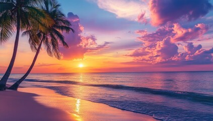 Poster - Beautiful sunset on the tropical beach with palm trees. Vibrant colorful sky.