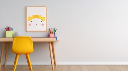 Wall Mural - Creative Children's Room with Wooden Desk Yellow Chair and Colorful Art Supplies Under Sunlight