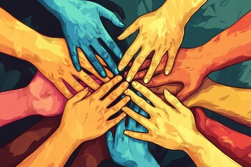 Aufkleber - Symbolic illustration of interconnected hands showcasing unity and support among diverse cultures and communities globally. Generative AI
