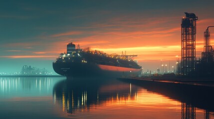 Poster - Massive LNG transport ship docked at industrial port during sunset adding vibrant colors to the skyline. Generative AI