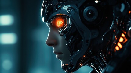 Fototapete - Detailed side profile showcasing a human head with mechanical components and a glowing robotic eye in a futuristic setting. Generative AI