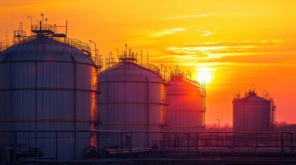 Poster - Massive industrial gas storage tanks silhouetted against a warm orange sunset sky. Generative AI