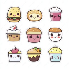 Wall Mural - Nine Adorable Kawaii Style Pixel Art Food Illustrations