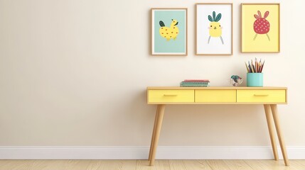 Wall Mural - Pastel Yellow Desk with Cartoon Animal Illustrations and Accessories