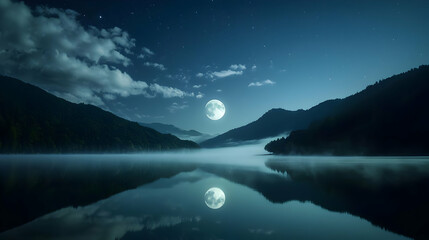  Moonlit Lake Reflection at Night with Mountains and Starry Sky