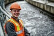 © hestywinarni - Worker Smiles Confidently Near Flowing Water,  A Proud Environmental Engineer Maintains Water Systems, Ensuring Cleanliness Efficiently.