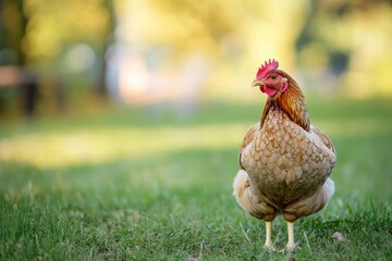 Poster - Chicken walking on green grass under a sunlit sky in a rural setting during the early morning. Generative AI
