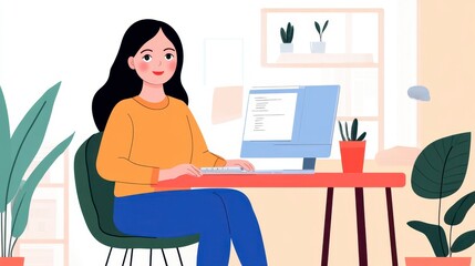 Poster - Smiling Woman Working at Home Office Computer