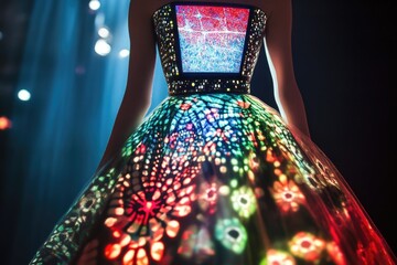 Wall Mural - A woman wearing a dress with glowing or illuminated elements, possibly used for fashion, music or artistic purposes