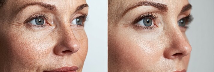 Poster - Comparison of aging effects on skin with visible wrinkles on one side and smooth appearance on the other side. Generative AI