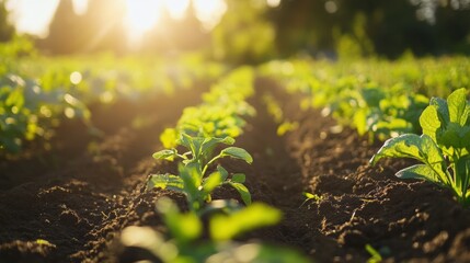 Aufkleber - Bright morning sunlight illuminates young vegetable plants growing in rich soil in a rural garden. Generative AI