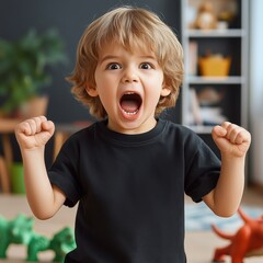 Wall Mural - Cute toddler boy model wearing regular short sleeve tee, standing in nursery room. Kids basic black t-shirt mockup. Children's blank casual shirt template