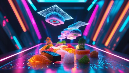 Wall Mural - Cyberpunk Sushi: A Futuristic Fusion of Japanese Cuisine and Neon Aesthetics