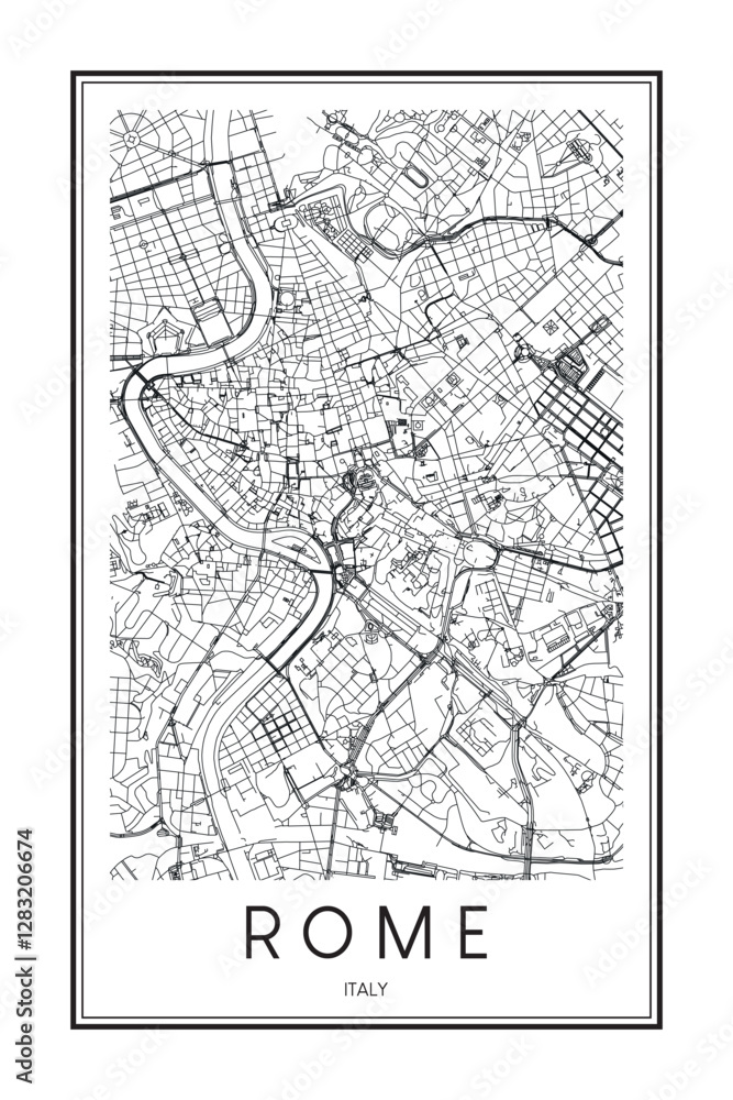 Printable downtown road map poster of the Italian city of ROME on solid ...