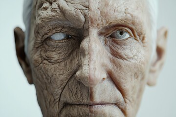 Poster - Transformation of an aged face showcasing wrinkles on one side and youthful smoothness on the other side. Generative AI
