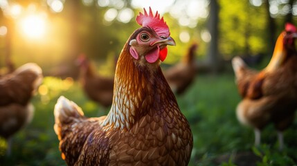 Poster - Sunlight filters through trees illuminating a hen in a peaceful farm setting with other chickens nearby. Generative AI