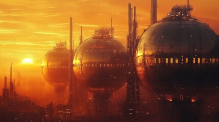 Poster - Massive industrial gas storage tanks silhouetted against a warm orange sunset sky. Generative AI