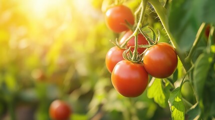 Aufkleber - Ripe tomatoes growing on vines in a sunlit garden during the late afternoon hours. Generative AI