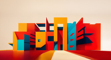 Aufkleber - A vibrant abstract building composed of geometric blocks in red, orange, yellow, and teal stands against a light background, showcasing a modern architectural design.