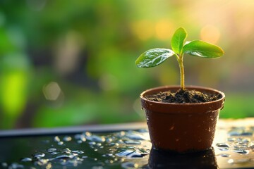 Aufkleber - Young plant grows in small pot on a table with water droplets and soft sunlight in a garden setting. Generative AI