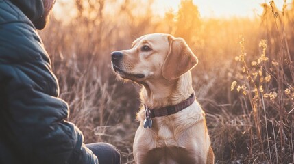 Aufkleber - Golden retriever gazing at owner during sunset walk in a grassy field near a wooded area. Generative AI