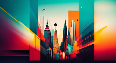 Poster - Abstract cityscape with tall buildings depicted in vibrant colors like teal, orange, and red. A bird flies in the sky above this modern and artistic skyline.