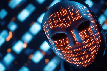 A person wearing a futuristic glowing mask is sitting in front of a computer screen, focused on their work