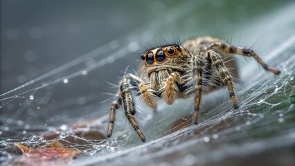 Wall Mural - a curious spider: an inquisitive spider with detailed eyes rests on a meticulously woven web glisten