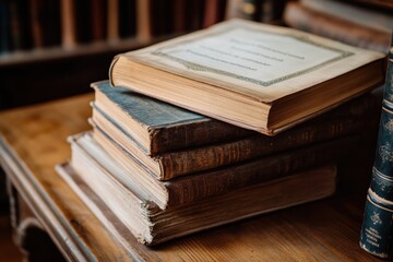 Aufkleber - Old books stacked on a wooden table in a cozy library filled with vintage charm and literary history. Generative AI